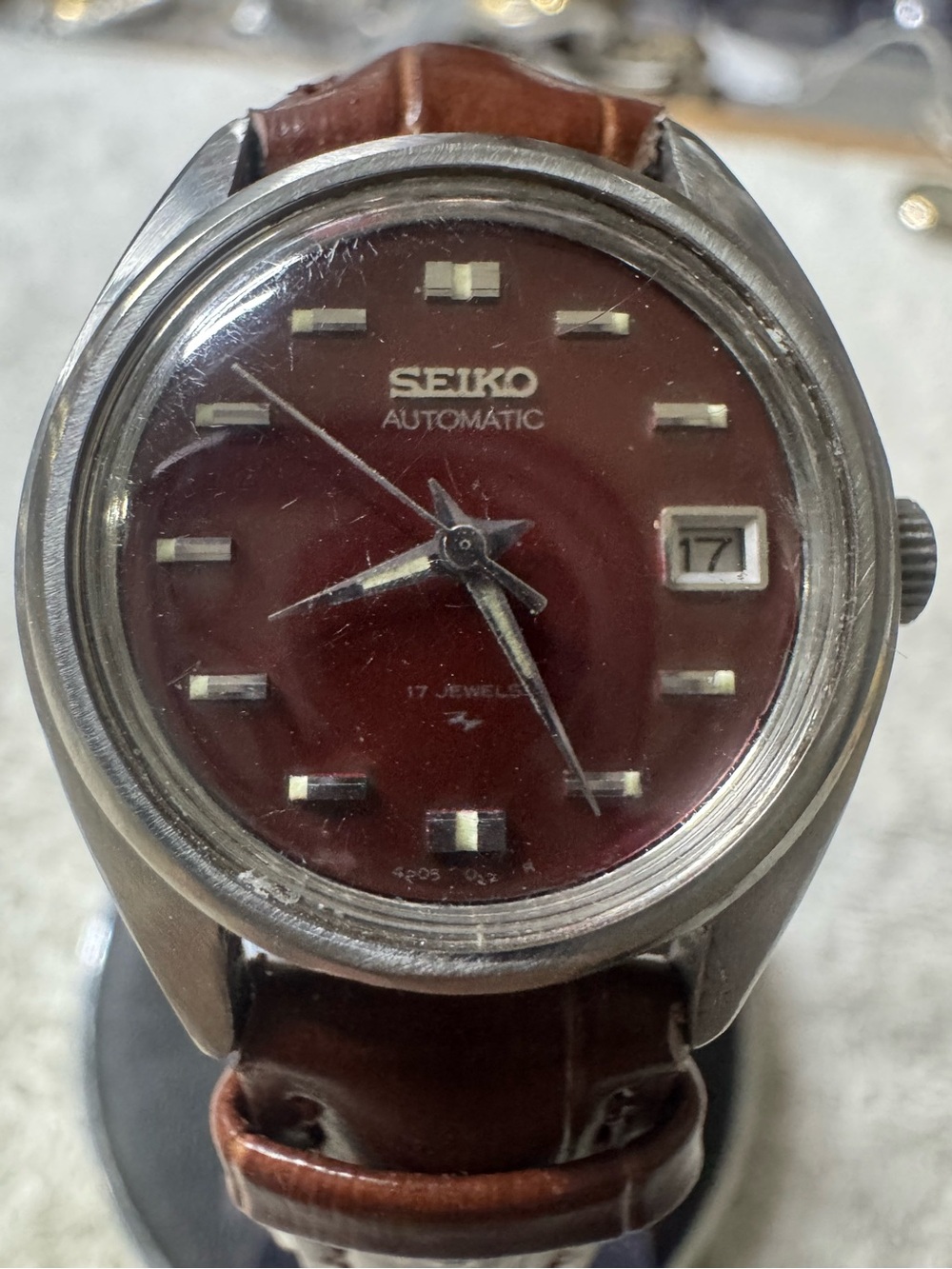 Seiko Automatic Watch with Burgundy Dial and Brown Strap